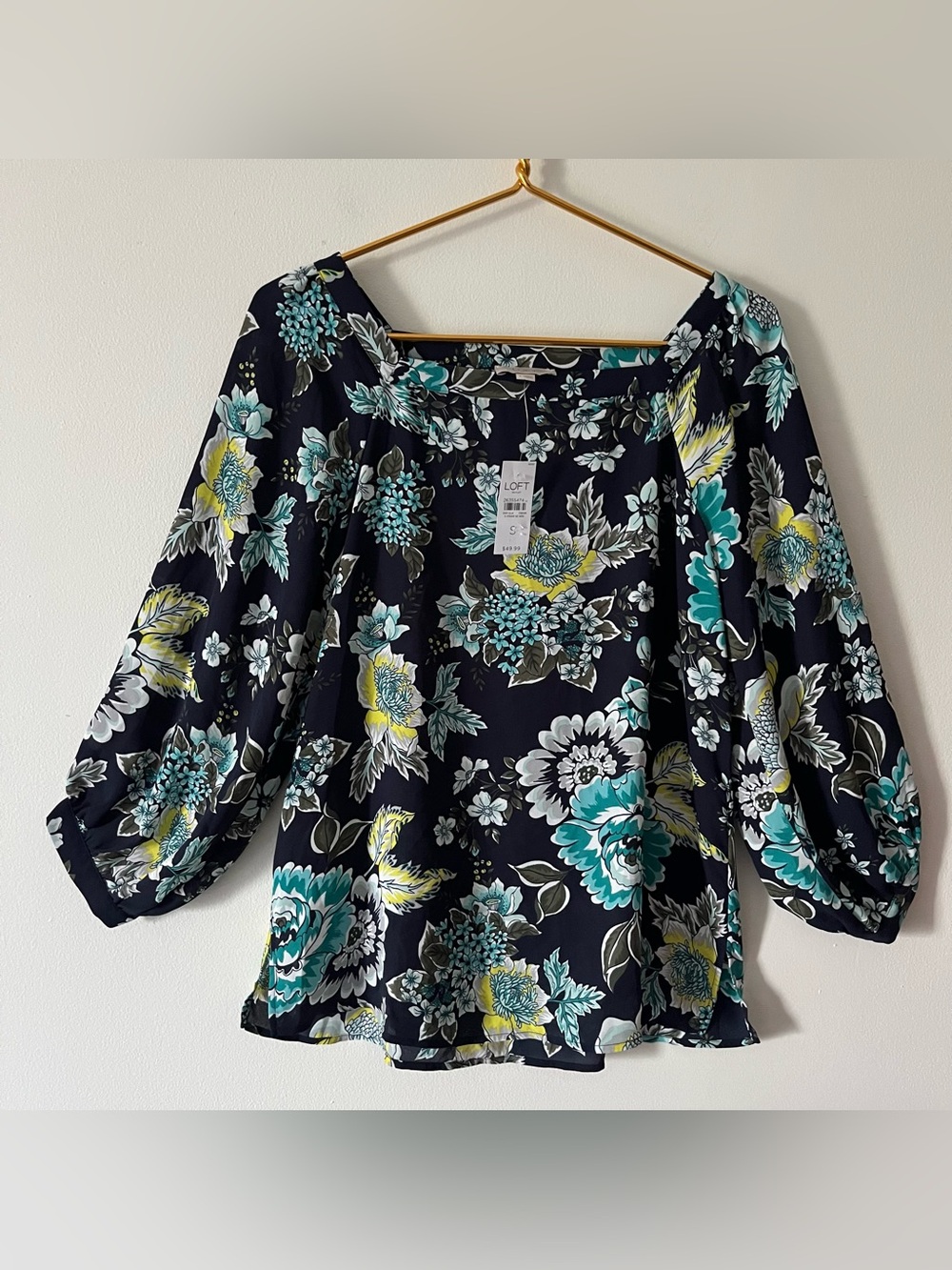 LOFT NWT Navy Bold Teal Yellow Floral Square Neck Top Lightweight Bloomcore Sm